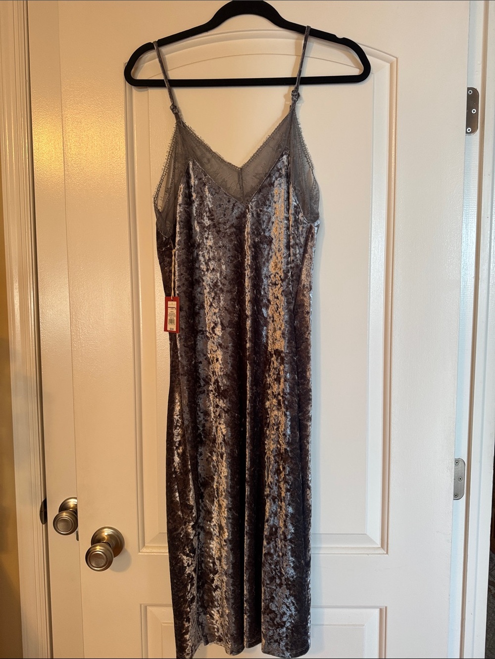 Gray Velvet Lace-Trim Slip Dress